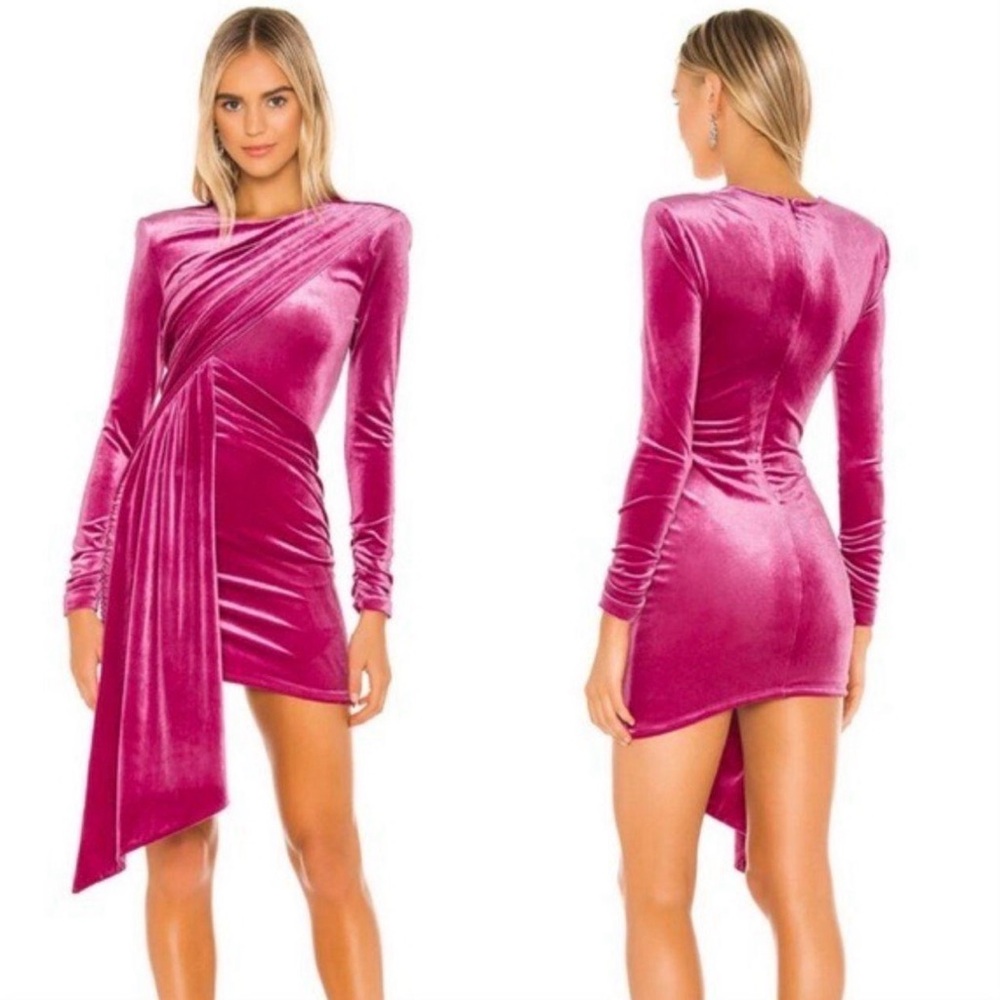 Michael Costello Fuchsia Velvet Long-Sleeve Asymmetric Mini Dress